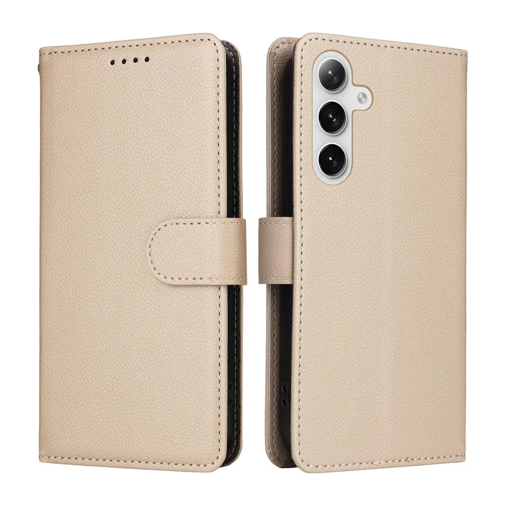 For Samsung Galaxy S24 / Galaxy S25 Case RFID Blocking 3 Card Slots PU Leather Phone Cover with Wrist Strap - Creamy White - 2