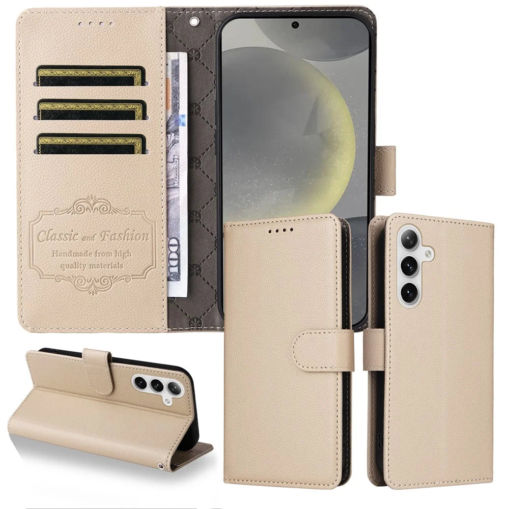 For Samsung Galaxy S24 / Galaxy S25 Case RFID Blocking 3 Card Slots PU Leather Phone Cover with Wrist Strap - Creamy White - 3