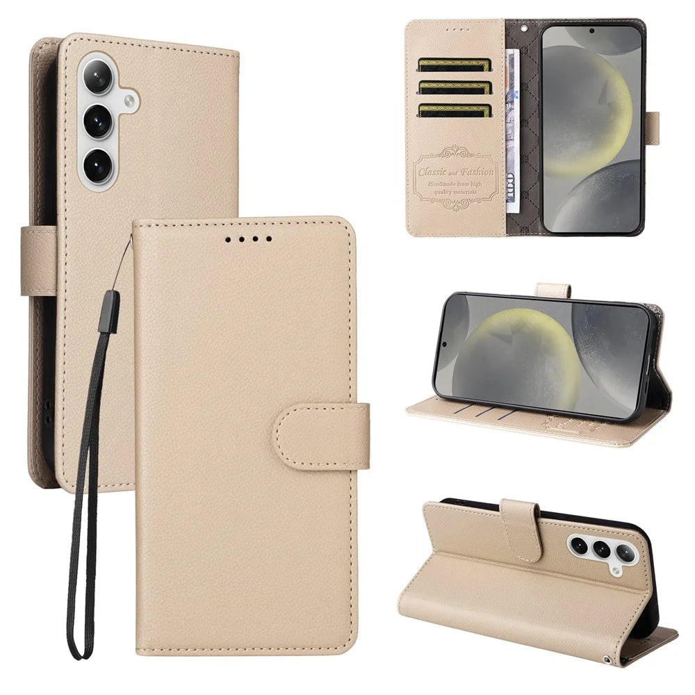 For Samsung Galaxy S24 / Galaxy S25 Case RFID Blocking 3 Card Slots PU Leather Phone Cover with Wrist Strap - Creamy White - 4