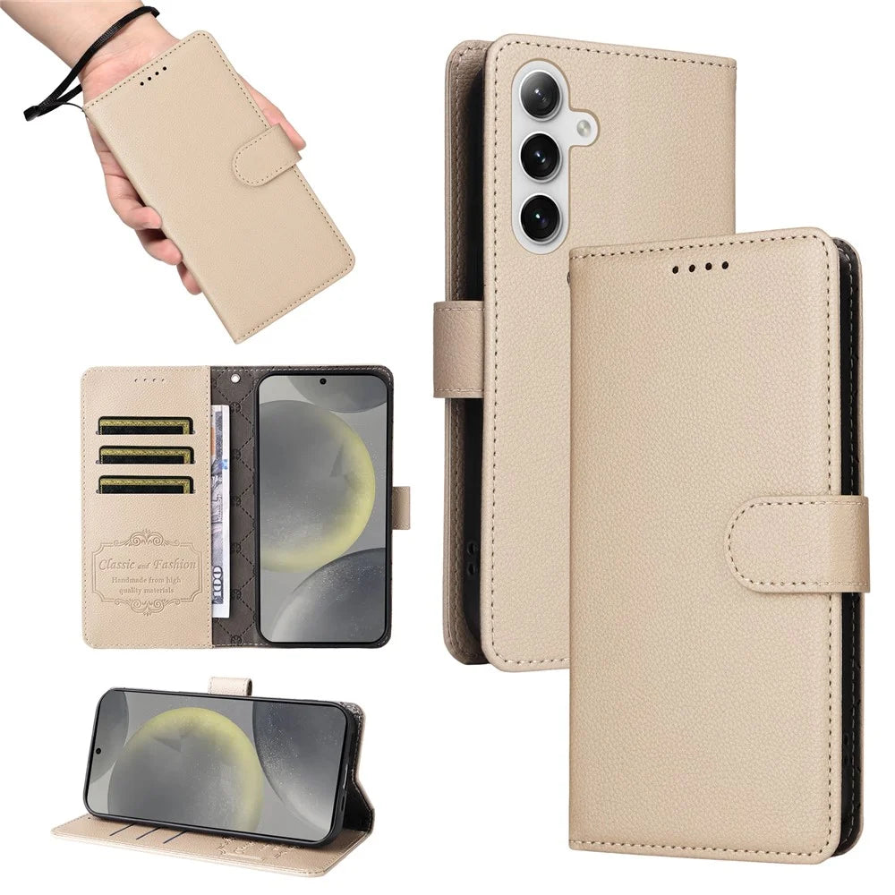 For Samsung Galaxy S24 / Galaxy S25 Case RFID Blocking 3 Card Slots PU Leather Phone Cover with Wrist Strap - Creamy White - 5