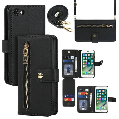 Stand Case for iPhone SE (2022) / (2020) / 8 / 7 PU Leather Phone Cover with Straps / Zipper Wallet / Multiple Card Slots - Black - 1