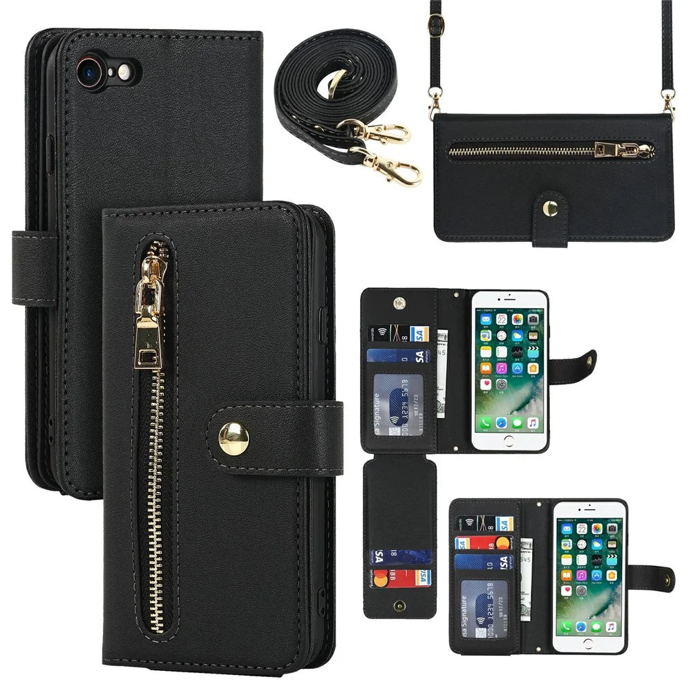 Stand Case for iPhone SE (2022) / (2020) / 8 / 7 PU Leather Phone Cover with Straps / Zipper Wallet / Multiple Card Slots - Black - 1