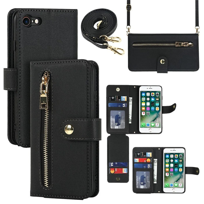 Stand Case for iPhone SE (2022) / (2020) / 8 / 7 PU Leather Phone Cover with Straps / Zipper Wallet / Multiple Card Slots - Black - 1