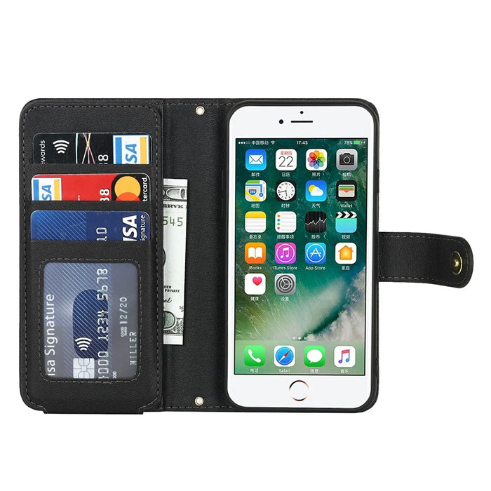 Stand Case for iPhone SE (2022) / (2020) / 8 / 7 PU Leather Phone Cover with Straps / Zipper Wallet / Multiple Card Slots - Black - 2