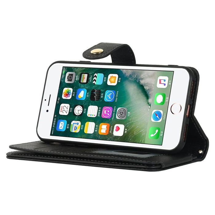 Stand Case for iPhone SE (2022) / (2020) / 8 / 7 PU Leather Phone Cover with Straps / Zipper Wallet / Multiple Card Slots - Black - 4