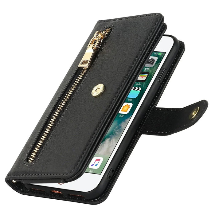 Stand Case for iPhone SE (2022) / (2020) / 8 / 7 PU Leather Phone Cover with Straps / Zipper Wallet / Multiple Card Slots - Black - 6