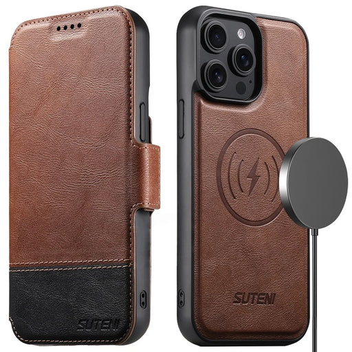 SUTENI Q-06 For iPhone 16 Pro Max Case Color Splicing Magnetic Detachable Leather Phone Cover - Brown - 1
