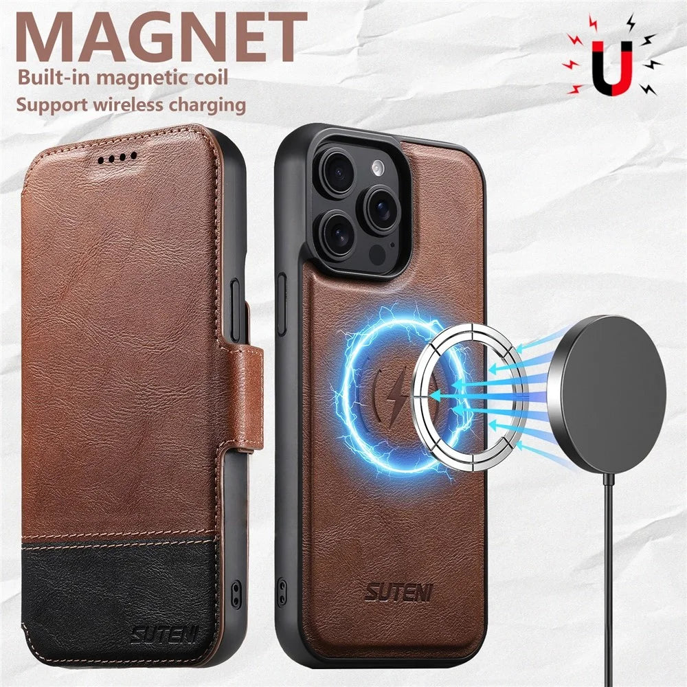 SUTENI Q-06 For iPhone 16 Pro Max Case Color Splicing Magnetic Detachable Leather Phone Cover - Brown - 7