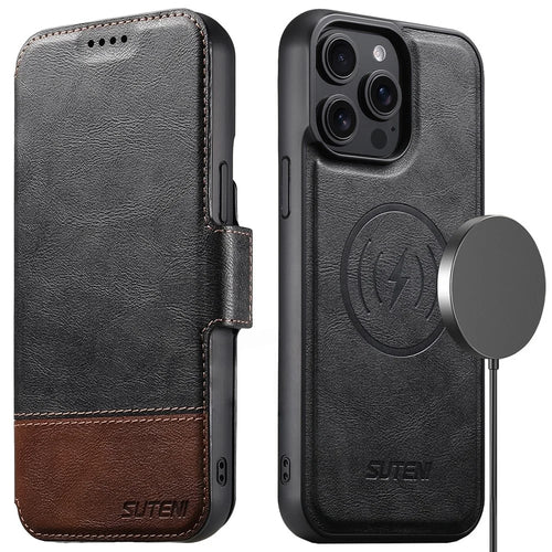 SUTENI Q-06 For iPhone 16 Pro Case Color Splicing Magnetic Detachable Leather Phone Cover - Black - 1