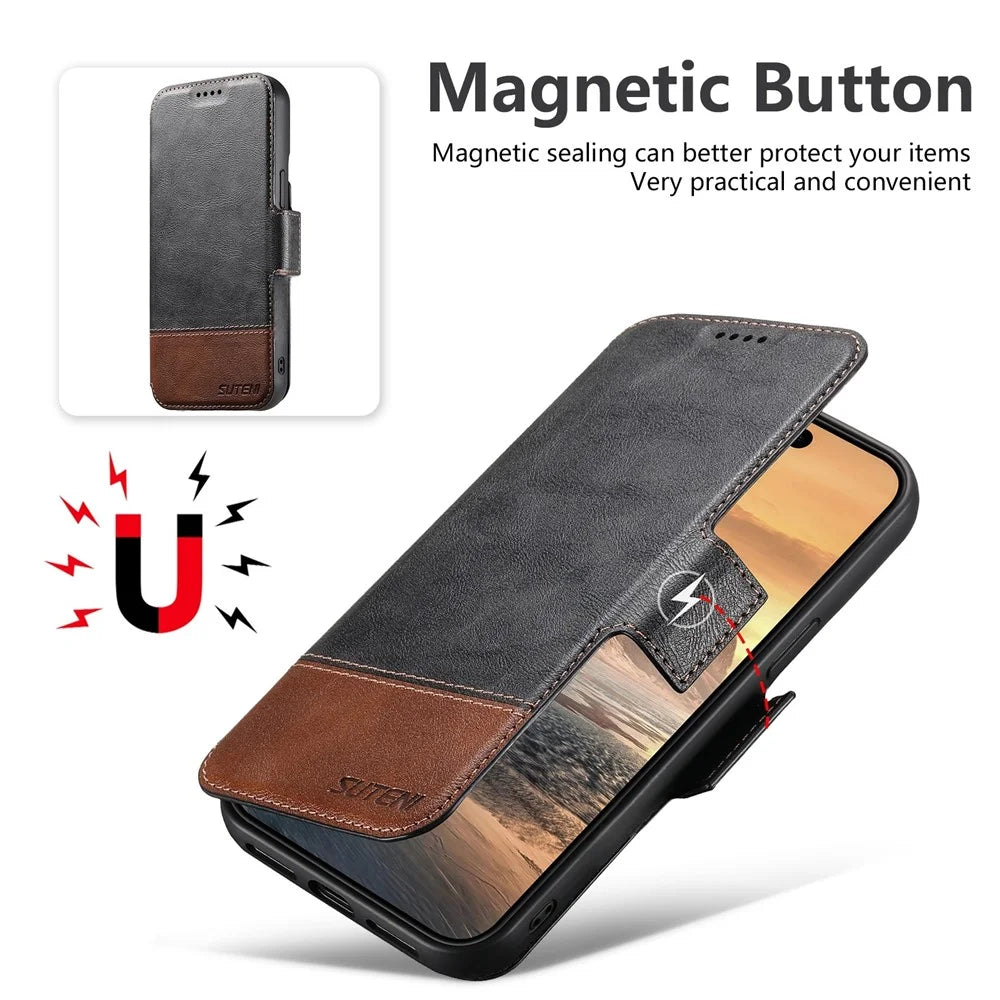 SUTENI Q-06 For iPhone 16 Pro Case Color Splicing Magnetic Detachable Leather Phone Cover - Black - 4