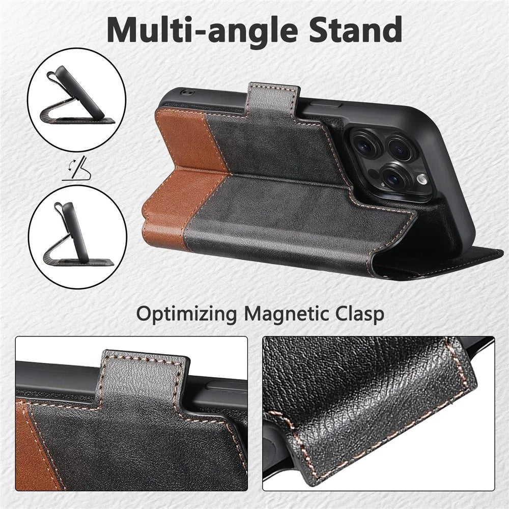 SUTENI Q-06 For iPhone 16 Pro Case Color Splicing Magnetic Detachable Leather Phone Cover - Black - 5