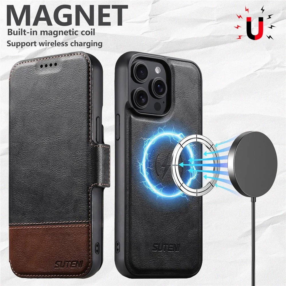 SUTENI Q-06 For iPhone 16 Pro Case Color Splicing Magnetic Detachable Leather Phone Cover - Black - 7