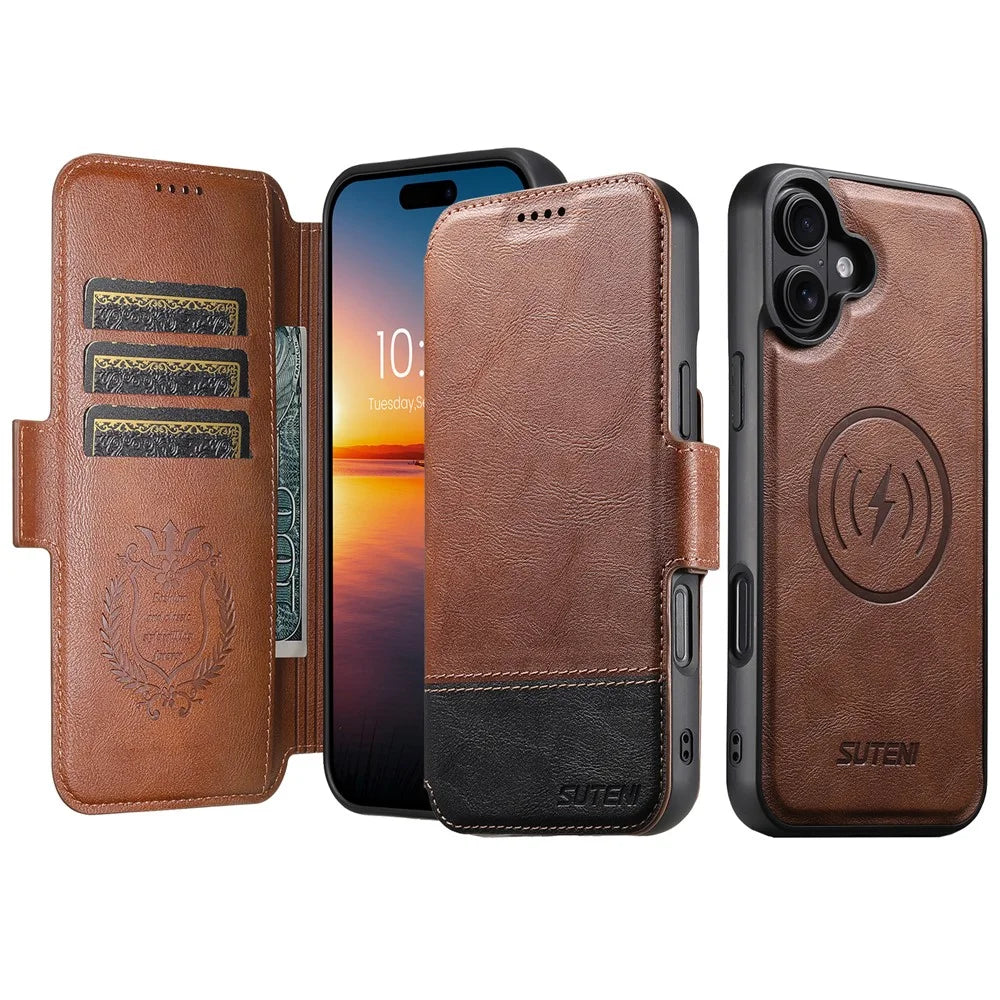 SUTENI Q-06 For iPhone 16 Plus Case Color Splicing Magnetic Detachable Leather Phone Cover - Brown - 3