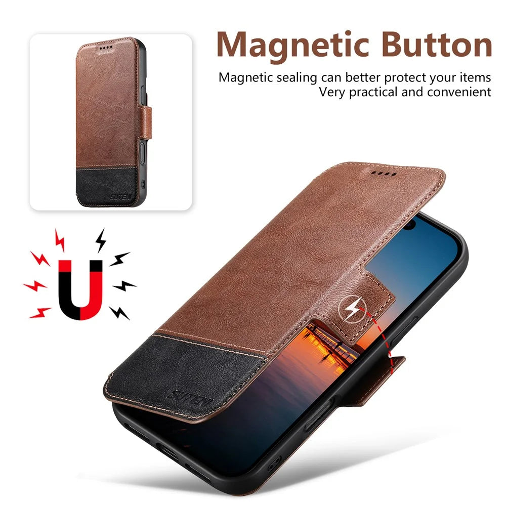 SUTENI Q-06 For iPhone 16 Plus Case Color Splicing Magnetic Detachable Leather Phone Cover - Brown - 4