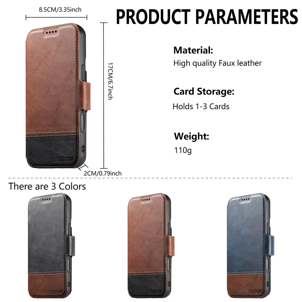 SUTENI Q-06 For iPhone 16 Plus Case Color Splicing Magnetic Detachable Leather Phone Cover - Brown - 7