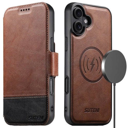 SUTENI Q-06 For iPhone 16 Case Color Splicing Magnetic Detachable Leather Phone Cover - Brown - 1