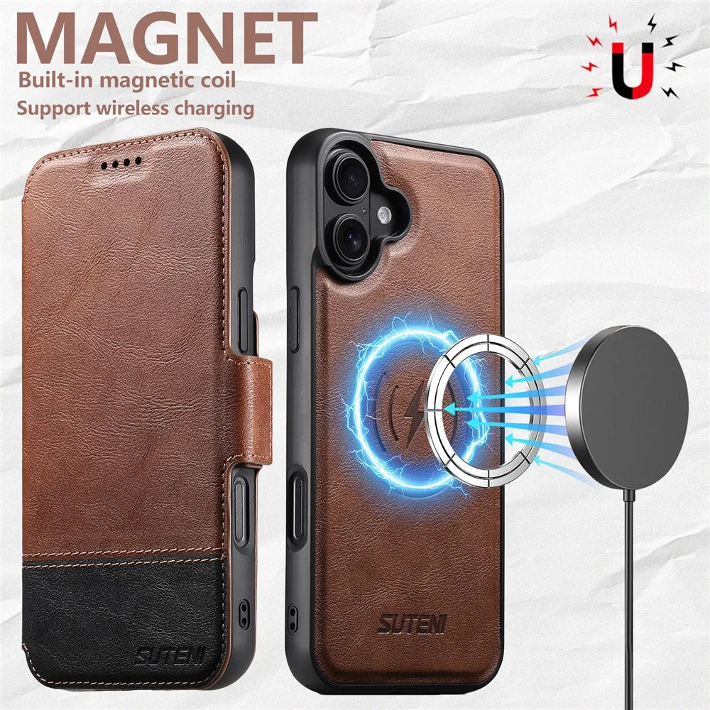SUTENI Q-06 For iPhone 16 Case Color Splicing Magnetic Detachable Leather Phone Cover - Brown - 4