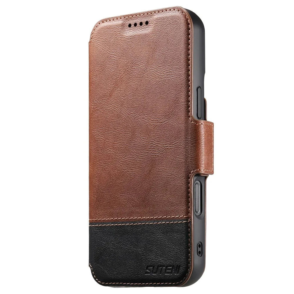 SUTENI Q-06 For iPhone 16 Case Color Splicing Magnetic Detachable Leather Phone Cover - Brown - 7