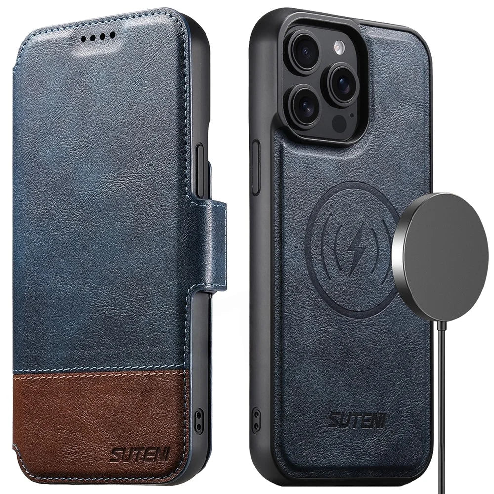 SUTENI Q-06 For iPhone 15 Pro Case Color Splicing Magnetic Detachable Leather Phone Cover - Blue - 1