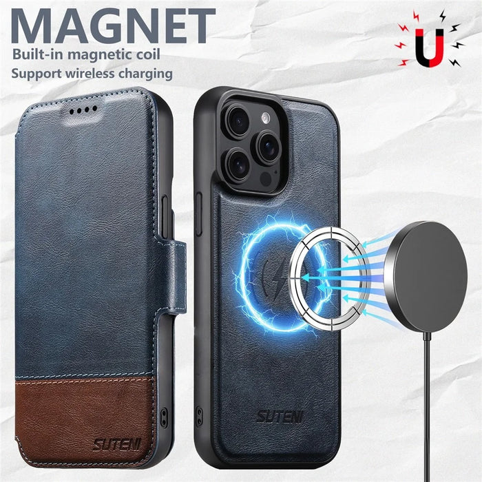 SUTENI Q-06 For iPhone 15 Pro Case Color Splicing Magnetic Detachable Leather Phone Cover - Blue - 7