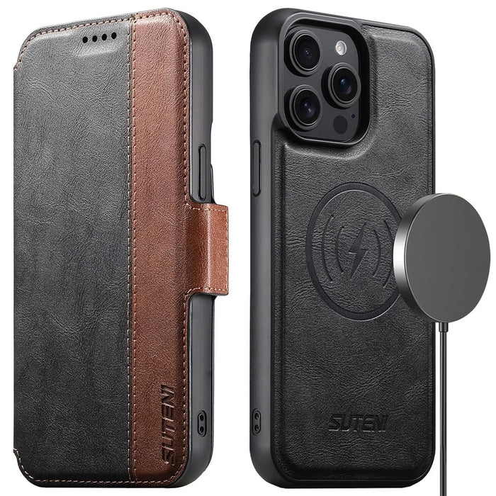 SUTENI Q-07 For iPhone 16 Pro Max Case Magnetic Color Splicing Cowhide Texture Leather Cover - Black - 1