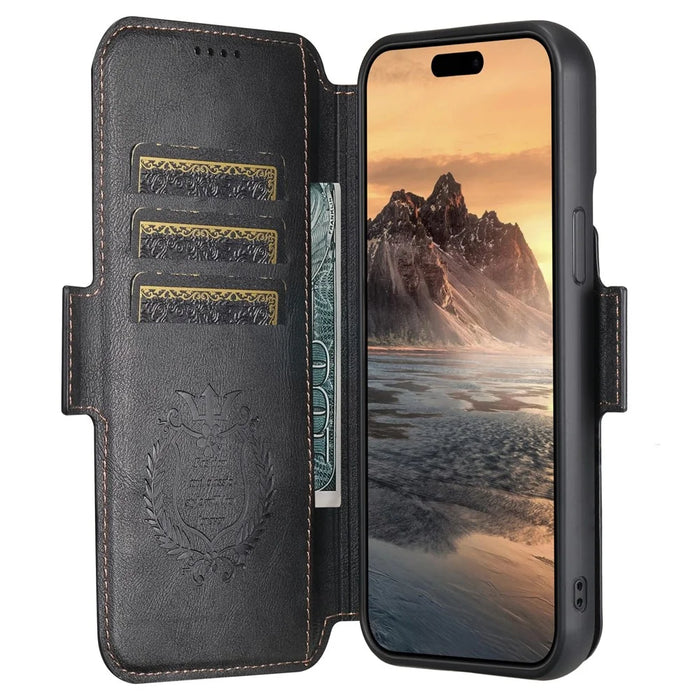 SUTENI Q-07 For iPhone 16 Pro Max Case Magnetic Color Splicing Cowhide Texture Leather Cover - Black - 2