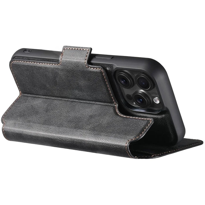 SUTENI Q-07 For iPhone 16 Pro Max Case Magnetic Color Splicing Cowhide Texture Leather Cover - Black - 3
