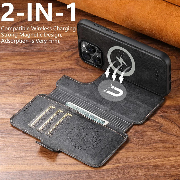 SUTENI Q-07 For iPhone 16 Pro Max Case Magnetic Color Splicing Cowhide Texture Leather Cover - Black - 6