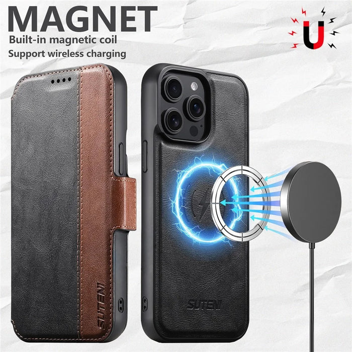 SUTENI Q-07 For iPhone 16 Pro Max Case Magnetic Color Splicing Cowhide Texture Leather Cover - Black - 7