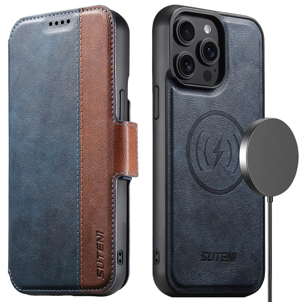 SUTENI Q-07 For iPhone 16 Pro Case Magnetic Color Splicing Cowhide Texture Leather Cover - Blue - 1