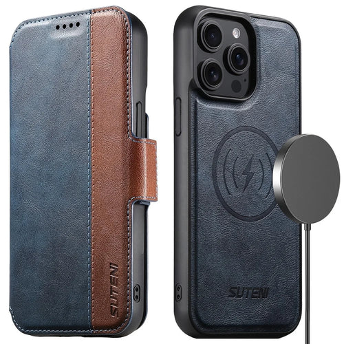 SUTENI Q-07 For iPhone 16 Pro Case Magnetic Color Splicing Cowhide Texture Leather Cover - Blue - 1