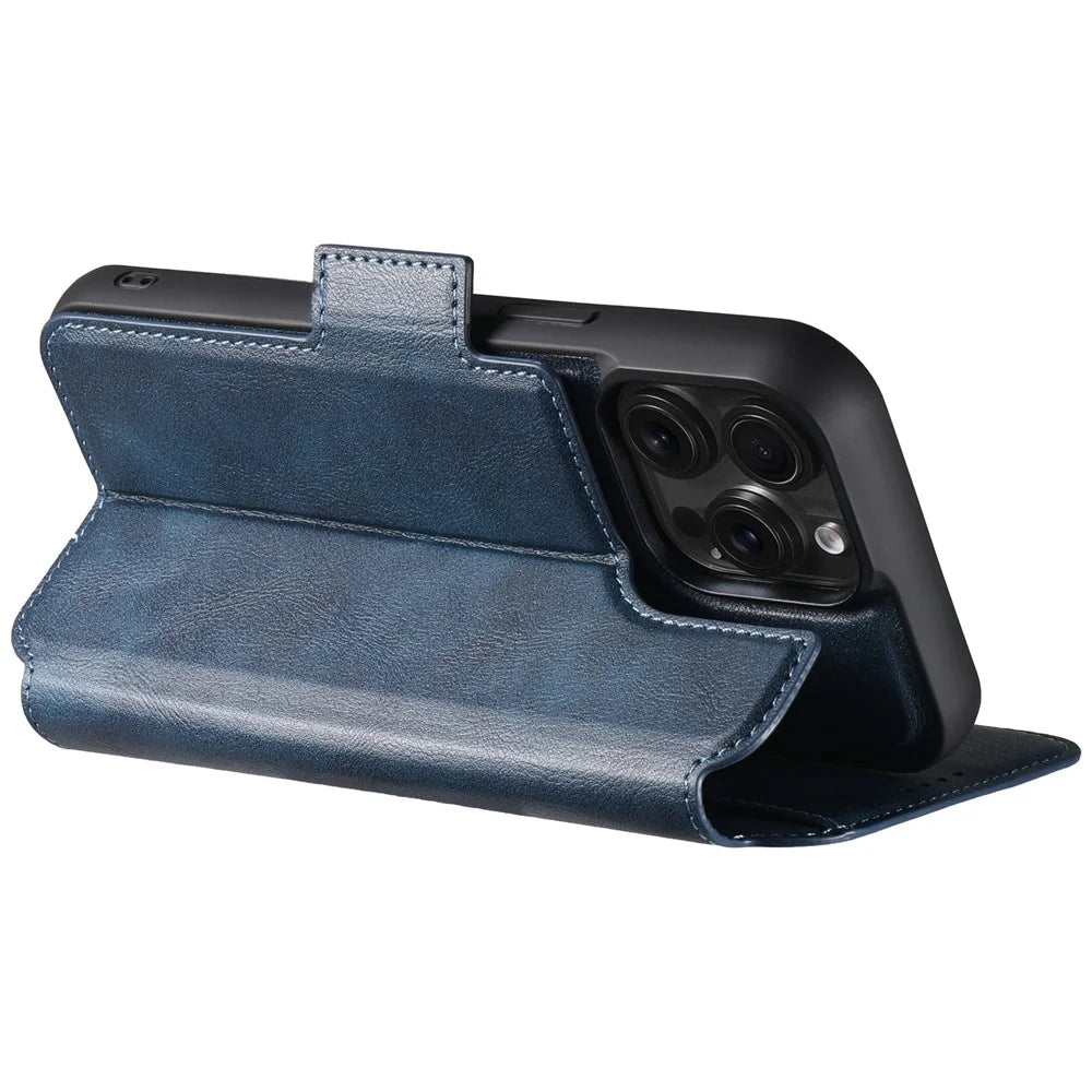 SUTENI Q-07 For iPhone 16 Pro Case Magnetic Color Splicing Cowhide Texture Leather Cover - Blue - 3