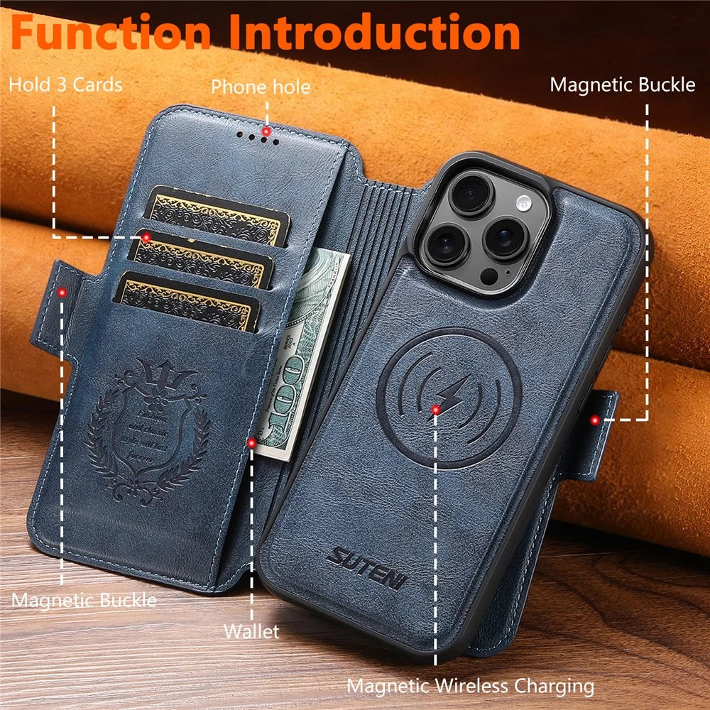 SUTENI Q-07 For iPhone 16 Pro Case Magnetic Color Splicing Cowhide Texture Leather Cover - Blue - 5