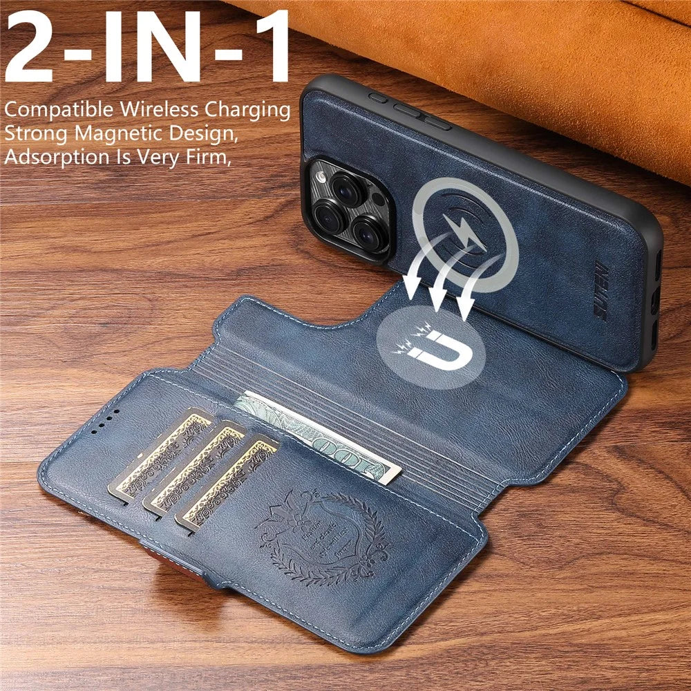 SUTENI Q-07 For iPhone 16 Pro Case Magnetic Color Splicing Cowhide Texture Leather Cover - Blue - 6