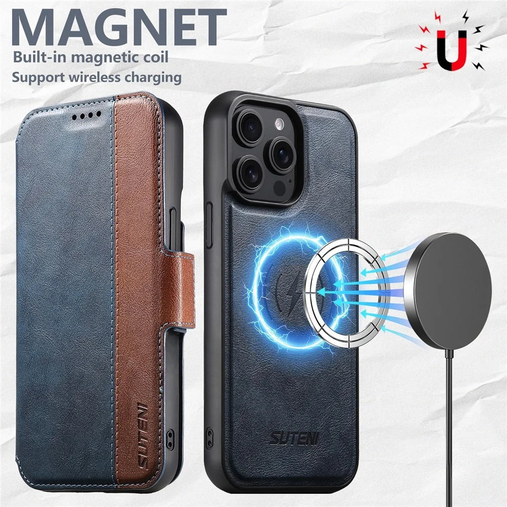 SUTENI Q-07 For iPhone 16 Pro Case Magnetic Color Splicing Cowhide Texture Leather Cover - Blue - 7