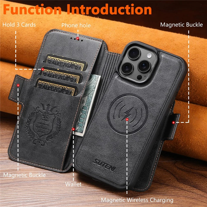 SUTENI Q-07 For iPhone 15 Pro Max Case Magnetic Color Splicing Cowhide Texture Leather Cover - Black - 5
