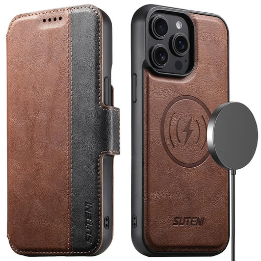 SUTENI Q-07 For iPhone 15 Pro Case Magnetic Color Splicing Cowhide Texture Leather Cover - Brown - 1