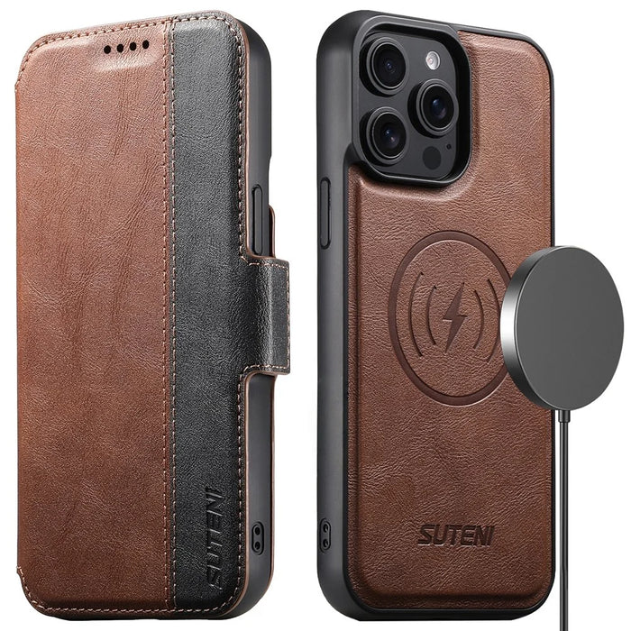 SUTENI Q-07 For iPhone 15 Pro Case Magnetic Color Splicing Cowhide Texture Leather Cover - Brown - 1