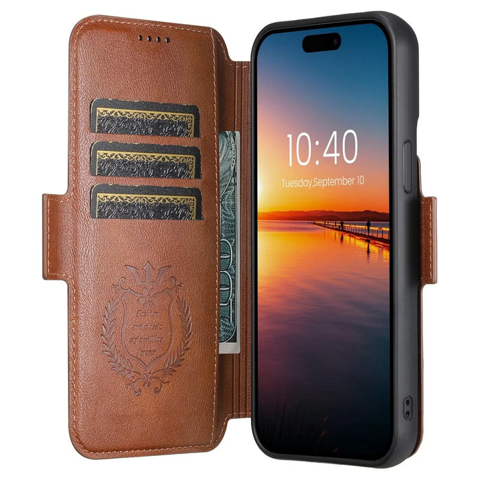 SUTENI Q-07 For iPhone 15 Pro Case Magnetic Color Splicing Cowhide Texture Leather Cover - Brown - 2