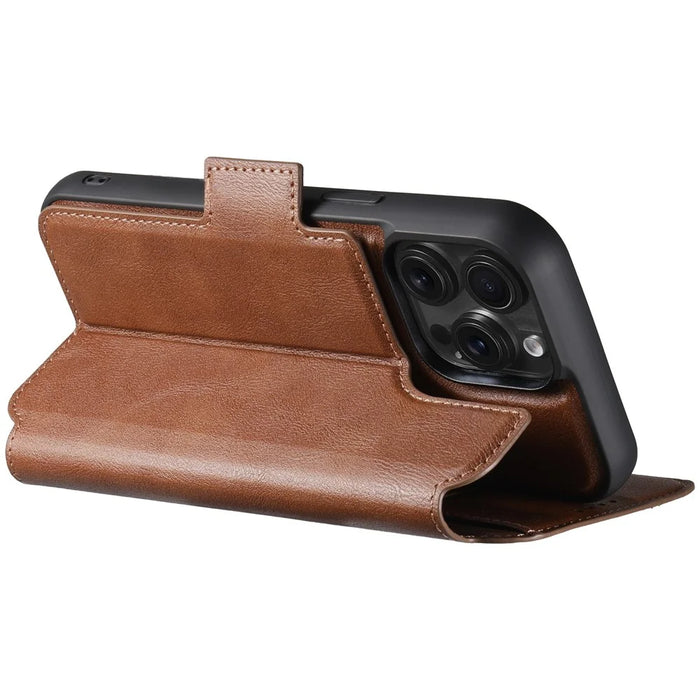 SUTENI Q-07 For iPhone 15 Pro Case Magnetic Color Splicing Cowhide Texture Leather Cover - Brown - 3