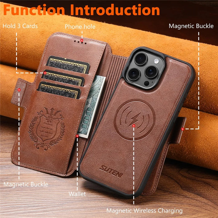 SUTENI Q-07 For iPhone 15 Pro Case Magnetic Color Splicing Cowhide Texture Leather Cover - Brown - 4