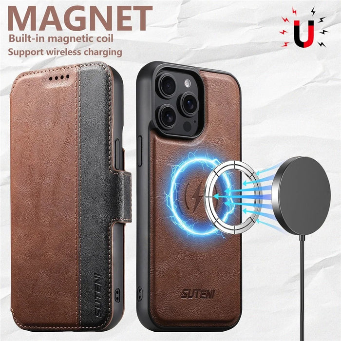 SUTENI Q-07 For iPhone 15 Pro Case Magnetic Color Splicing Cowhide Texture Leather Cover - Brown - 7