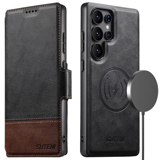 SUTENI Q-06 For Samsung Galaxy S25 Ultra Case Color Splicing Magnetic Detachable Leather Phone Cover - Black - 1