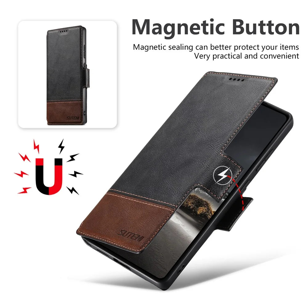 SUTENI Q-06 For Samsung Galaxy S25 Ultra Case Color Splicing Magnetic Detachable Leather Phone Cover - Black - 6