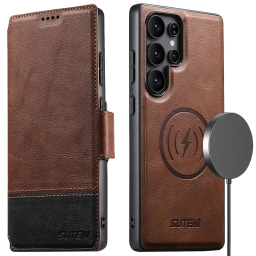 SUTENI Q-06 For Samsung Galaxy S24 Ultra Case Color Splicing Magnetic Detachable Leather Phone Cover - Brown - 1