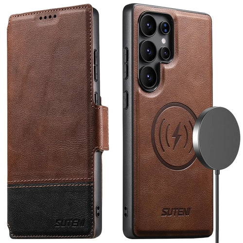 SUTENI Q-06 For Samsung Galaxy S23 Ultra Case Color Splicing Magnetic Detachable Leather Phone Cover - Brown - 1