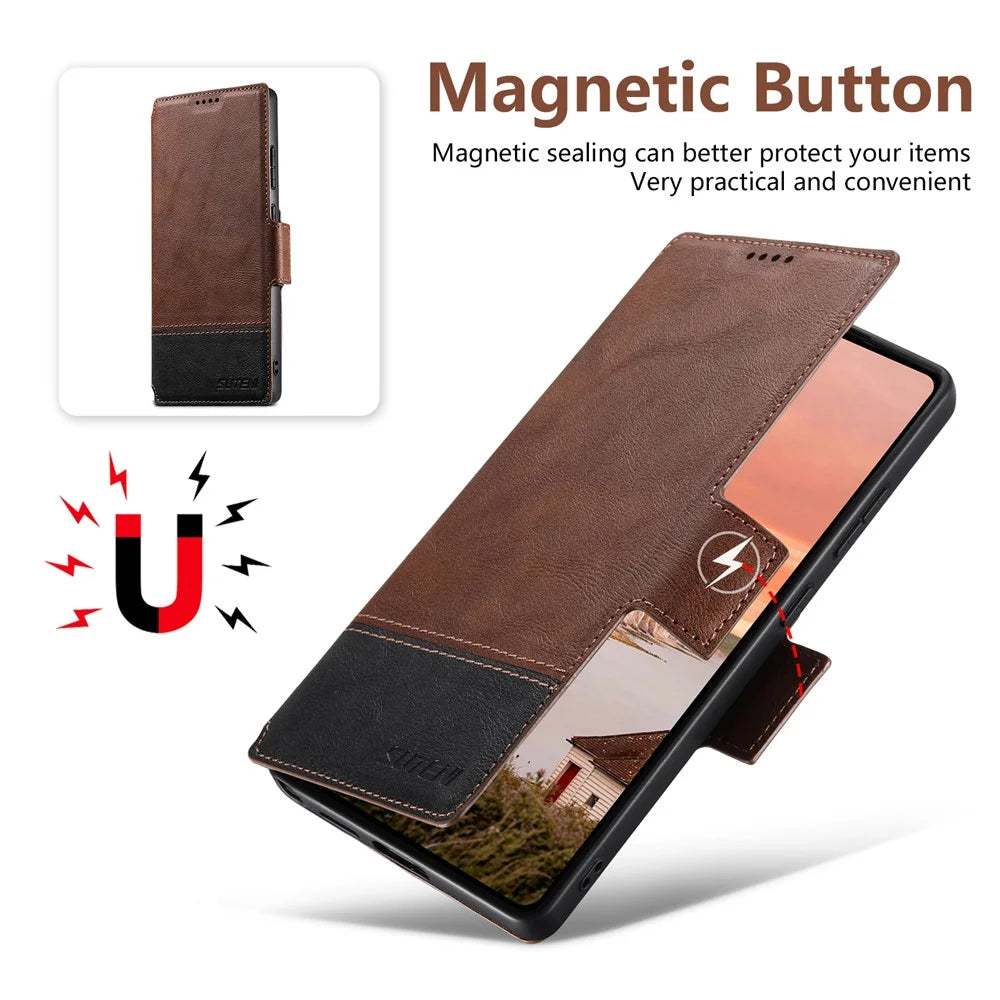 SUTENI Q-06 For Samsung Galaxy S23 Ultra Case Color Splicing Magnetic Detachable Leather Phone Cover - Brown - 6