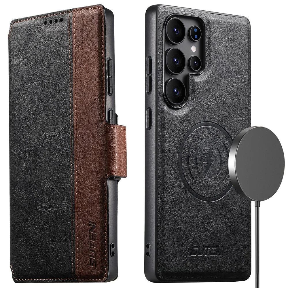 SUTENI Q-07 For Samsung Galaxy S25 Ultra Case Magnetic Color Splicing Cowhide Texture Leather Cover - Black - 1