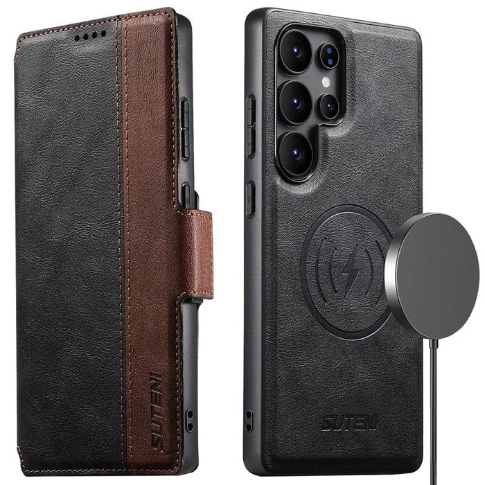 SUTENI Q-07 For Samsung Galaxy S25 Ultra Case Magnetic Color Splicing Cowhide Texture Leather Cover - Black - 1