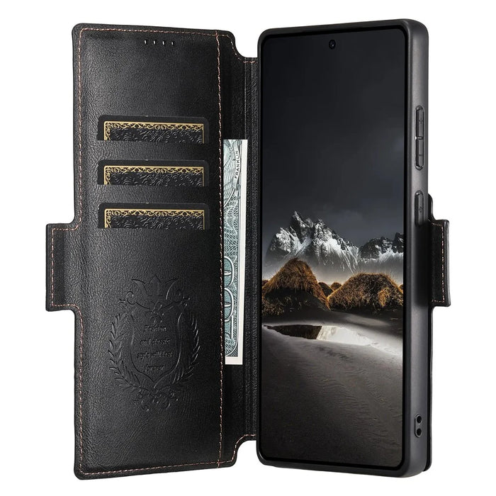 SUTENI Q-07 For Samsung Galaxy S25 Ultra Case Magnetic Color Splicing Cowhide Texture Leather Cover - Black - 2